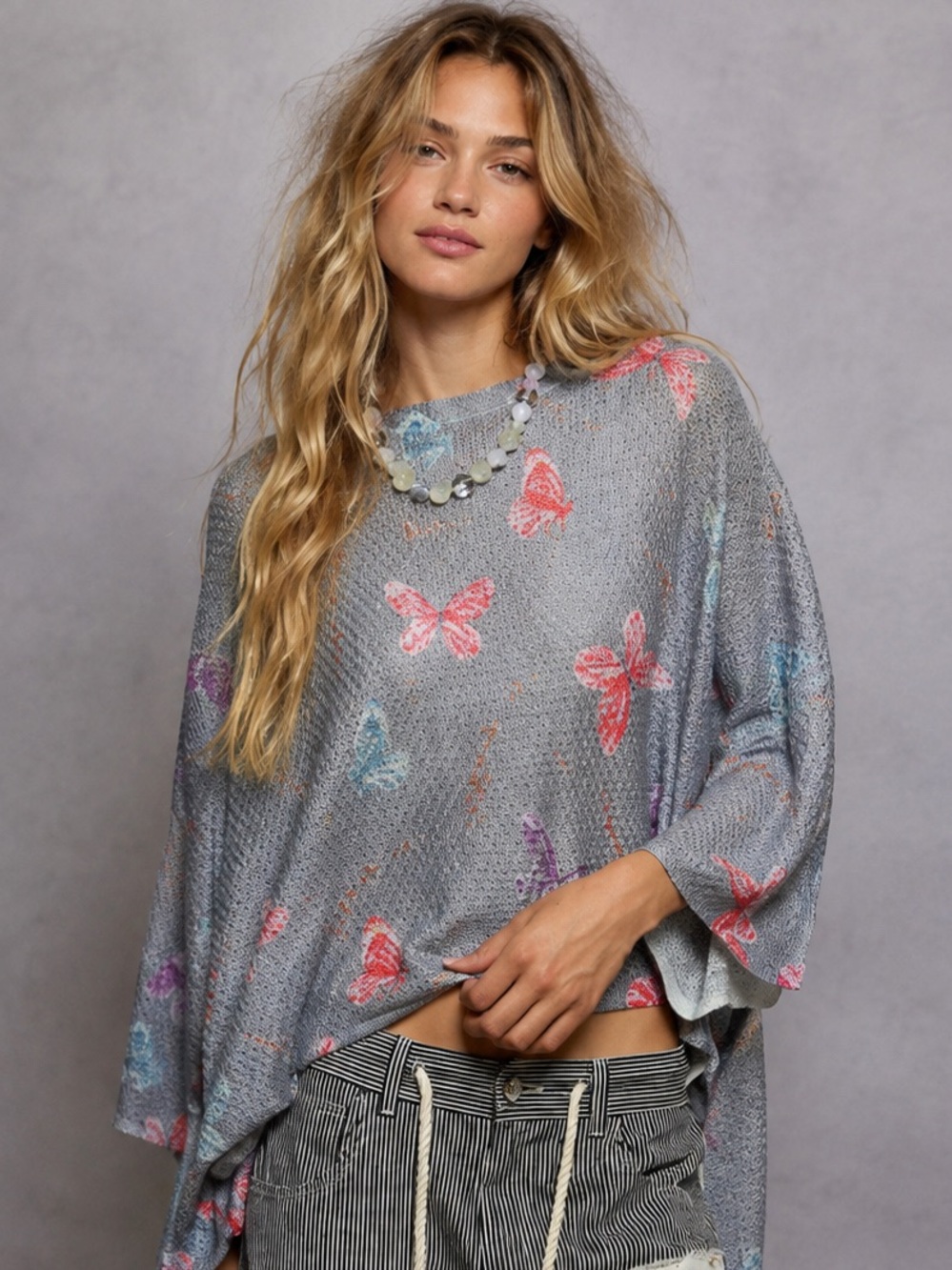 POL Gray Knit Top with Pink & Aqua Butterfly Print - Picture 1 of 5